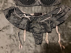 Victoria's Secret Sexy Little Things Polka Dot Bra & Garter Thong Set 36C/L