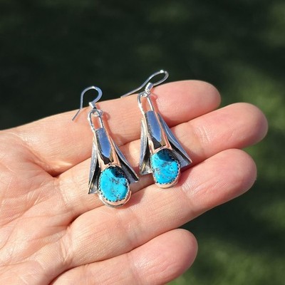 Native American Navajo Sterling Silver Turquoise Nugget Squash Blossom Earrings