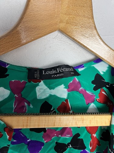 Vintage 70s Louis Feraud Silk Tie Front Crop Top, Green Multi Bow Print, 10 - Picture 3 of 4