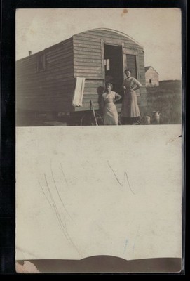 Vintage RPPC Two Women Outside Wooden Shanty Wagon Milk Pails Farm Scene