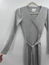 Pink Rose Womens XS Maxi Dress Gray Ribbed Sweater Knit V-Neck Tie Waist Minimal