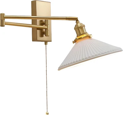 Vintage Milk Glass Wall Sconce Modern Rushed Brass Swing Arm Wall Light Mid Cent