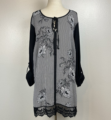 DR2 Daniel Rainn Womens Tunic Top 1X Tie Front Floral Lace Hem Roll Tab Sleeve