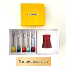 Le Creuset Food Pick Set 5pcs Rainbow  with Cherry Red Jar NEW