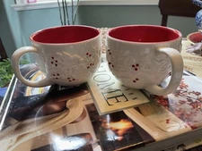 A Set Of 2 Starbucks 2008 Christmas Holiday Holly Berry Bird Embossed Mugs