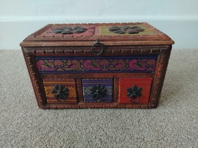 Vintage 60er Indianer Hippie Boho geschnitzt Holz Gewürz Aufbewahrung Schmuckkästchen Truhe Truhe