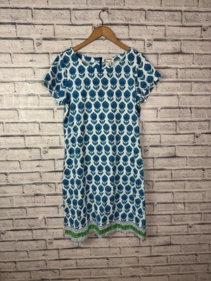 Hatley Nellie Dress Blue Green Cotton Border Print - Size L / U.K. 12-14