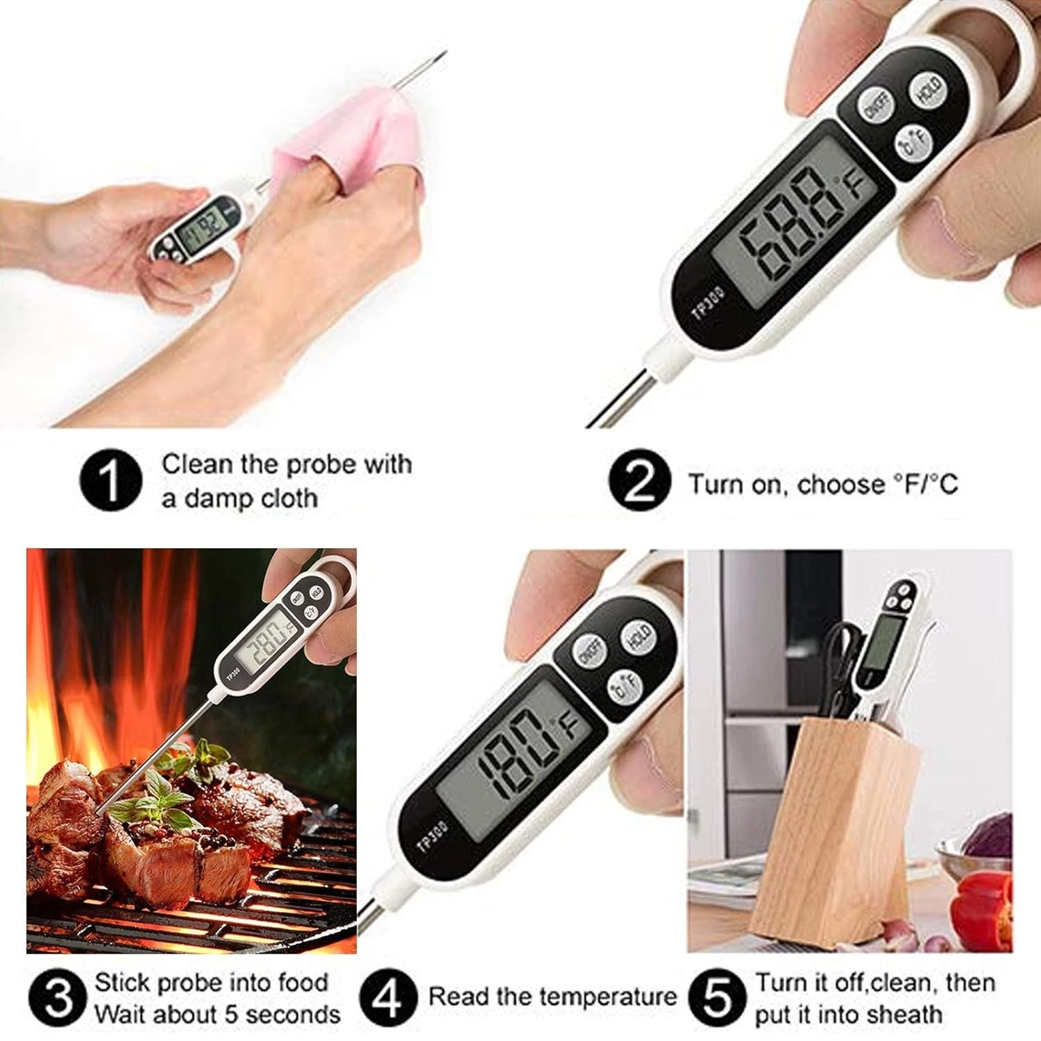 TP300 Digital Fleischthermometer Kuechenthermometer Sonde BBQ LCD -50 bis 300