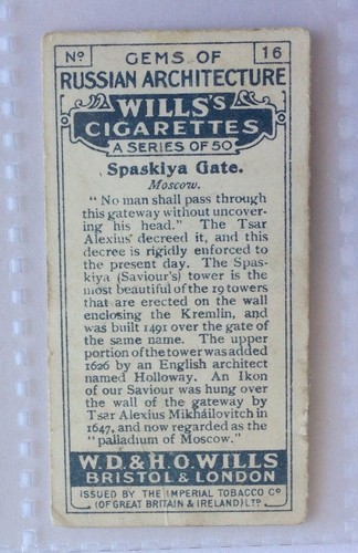 Spaskiya Gate Moscow Gems Of Russian Architecture 1917 Wills Cigarette Card (B4) - Picture 2 of 2