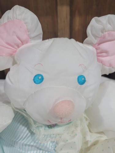 Vintage Baby Puffalump Maus mit Rassel Fisher Price 1988 weiß blau rosa Plüsch - Bild 8 von 9