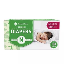 Members Mark Members Mark Premium Baby Diapers, Newborn Size 10 Pounds, 108