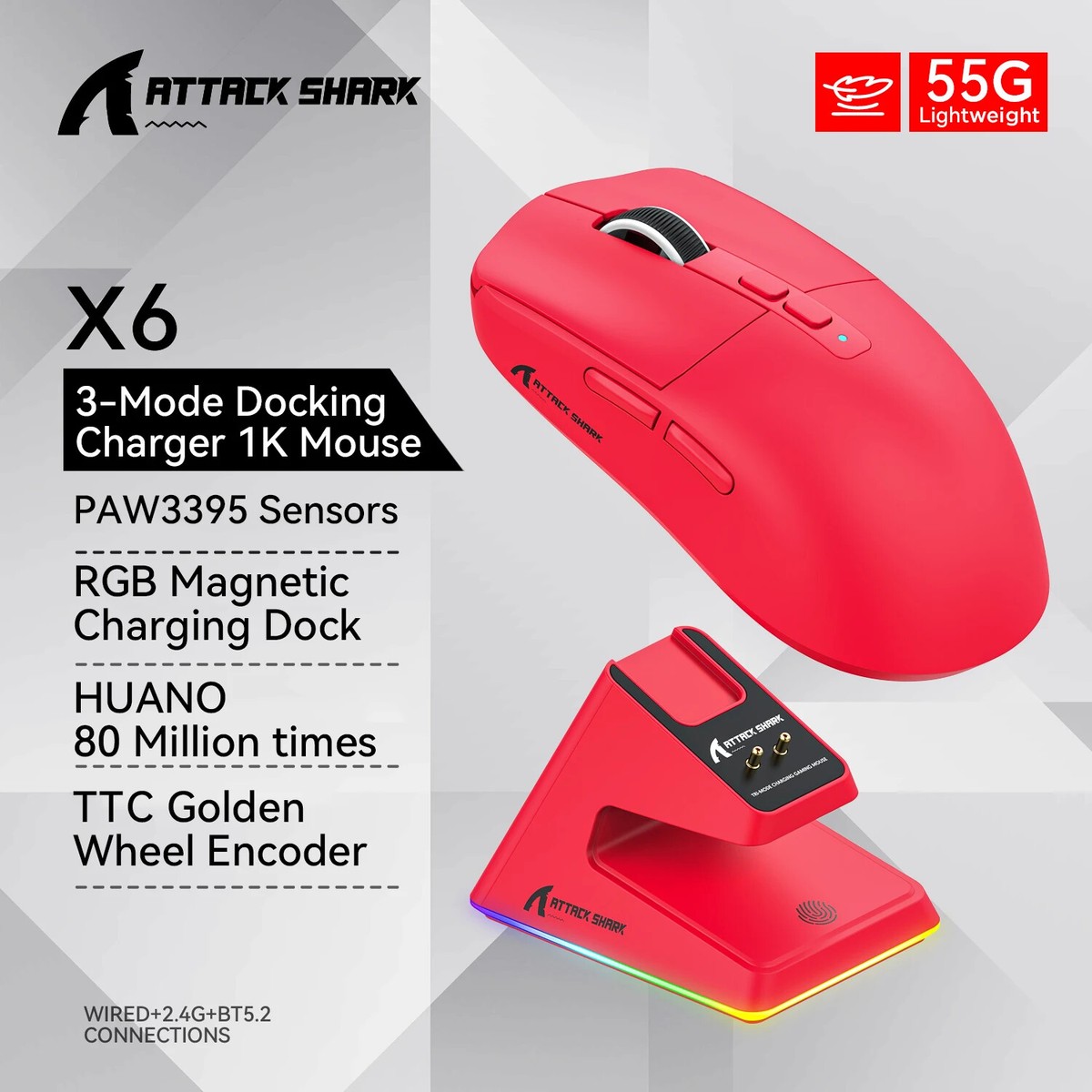 Attack Shark X6 PAW3395 Bluetooth Mouse Tri-Mode RGB Touch Attack Shark X6 PAW3395 Bluetooth Mouse Tri-Mode RGB Touch