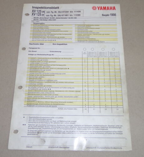 Feuille d'inspection Yamaha XV 125/15125 type 5 AJ (N+H) année de construction 1998 - Photo 1/1