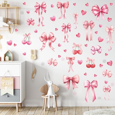 Yinder 12 Sheet Pink Coquette Bow Stickers Pink Bow Heart Wall Decals Peel an...