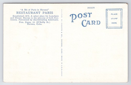 um 1920~Restaurant Paris~Havanna Kuba~O Reilly Street~Innenstadt~Vintage Postkarte - Bild 2 von 2