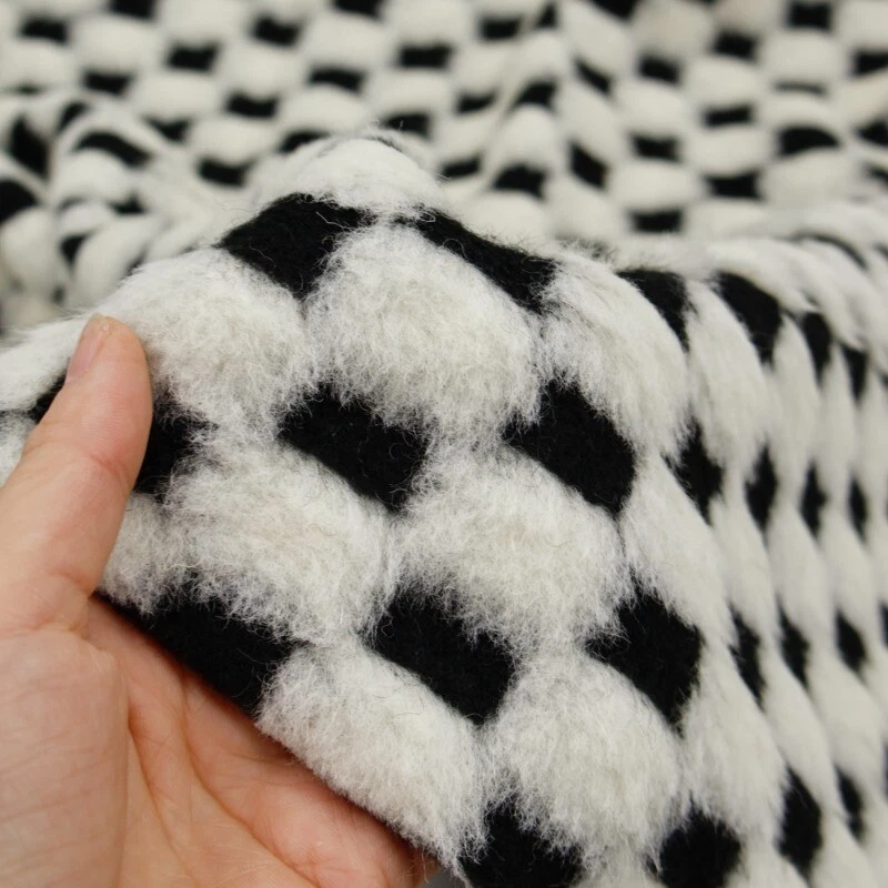 165cm Width Wool Blend Knit Fabric Stretchy Black White Check Plaid for Coat DIY - Image 3 of 4