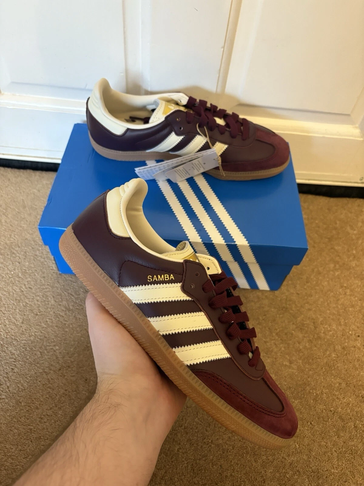 Adidas Samba OG Maroon Oro Metallizzato UK5 ID0477 Nuove di zecca