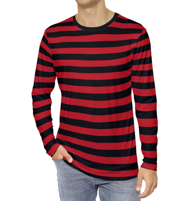 Red & Black Striped T-Shirt Gothic Emo Punk Striped Men's Long