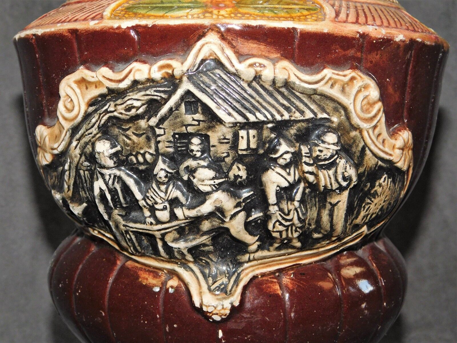 ANCIEN POT A ANSE BONBONNE CRUCHE EN TERRE CUITE DECOR TAVERNE - Pichets, brocs, cruches