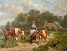 ANTIQUE CATTLE LANDSCAPE OIL PAINTING BY Samuel Joseph Clark (1834-1912)