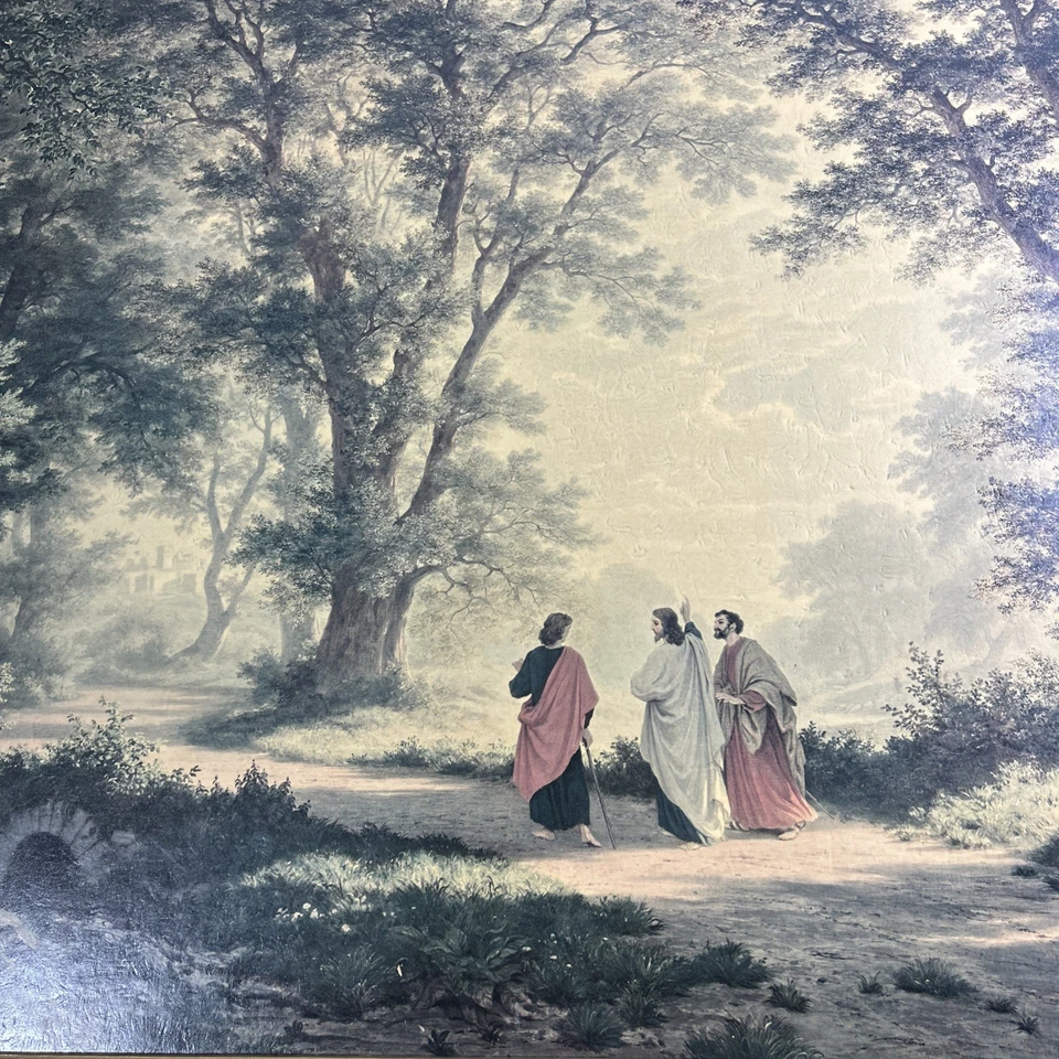 Vintage "The Road to Emmaus with Jesus Christ and Disciples" Art Print ✅ 27x34in - Image 3 of 4