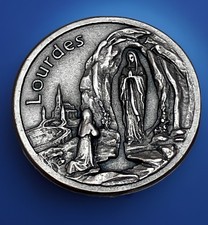 Vintage Catholic Our Lady Of Lourdes Silver Tone Religious Medal Pocket Token