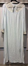 Vintage JC Penny  s Pale Blue Nylon Nightgown Lace Trim Long Sleeve Granny Modest