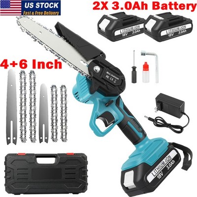 4+6'' Cordless Electric Mini Chainsaw Handheld 4 Chain Wood Cutter +2 Batteries