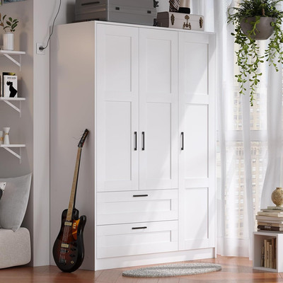 White 3-Door Wooden Wardrobe Closet with Shelves & Drawers for Bedroom Storage