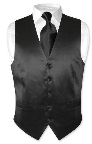 Biagio Men's SILK Dress Vest & NeckTie Solid BLACK Color Neck Tie Set S