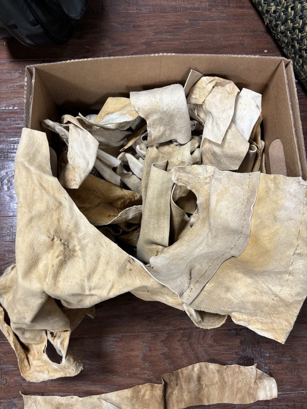 A Box Full Of Brain Tan Deer Hide Scraps Various Sizes, Off Cuts