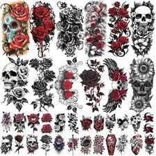 77 Sheets Flowers Skeleton Skull Temporary Tattoo for Large, Gothic