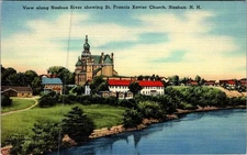 Vintage Linen Postcard Nashua NH Nashua River & St. Francis Xavier Church