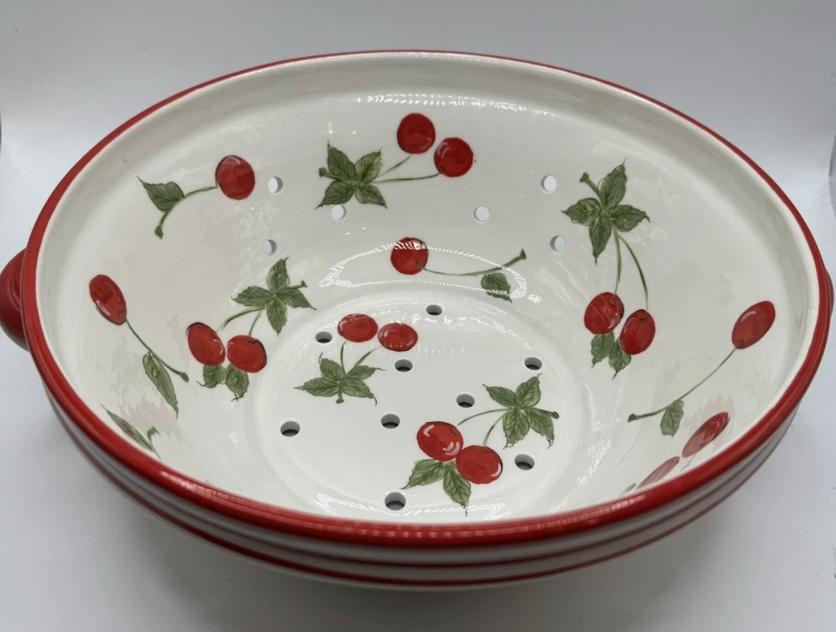 HOME Large Ceramic Cherry Colander 10"X 5" Farmhouse Kitchen Decor EUC