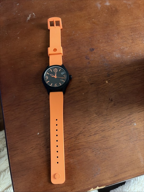 Esq Movado Swiss Quartz Watch Black Face Orange Silicone Band