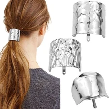 3 Pcs Metal Hair Cuffs with Decorative Rings - Lava High Buckle Silver 