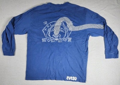 Evisu Men's Long Sleeve T-Shirt XXL Blue Vintage Embroidered 2000s Y2K 2XL Italy