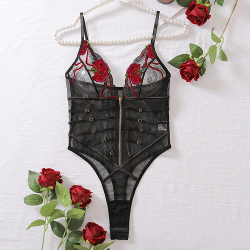 Sexy Lace & Mesh Bodysuit Sheer V-neck Transparent Bodycon Lingerie - Picture 7 of 11