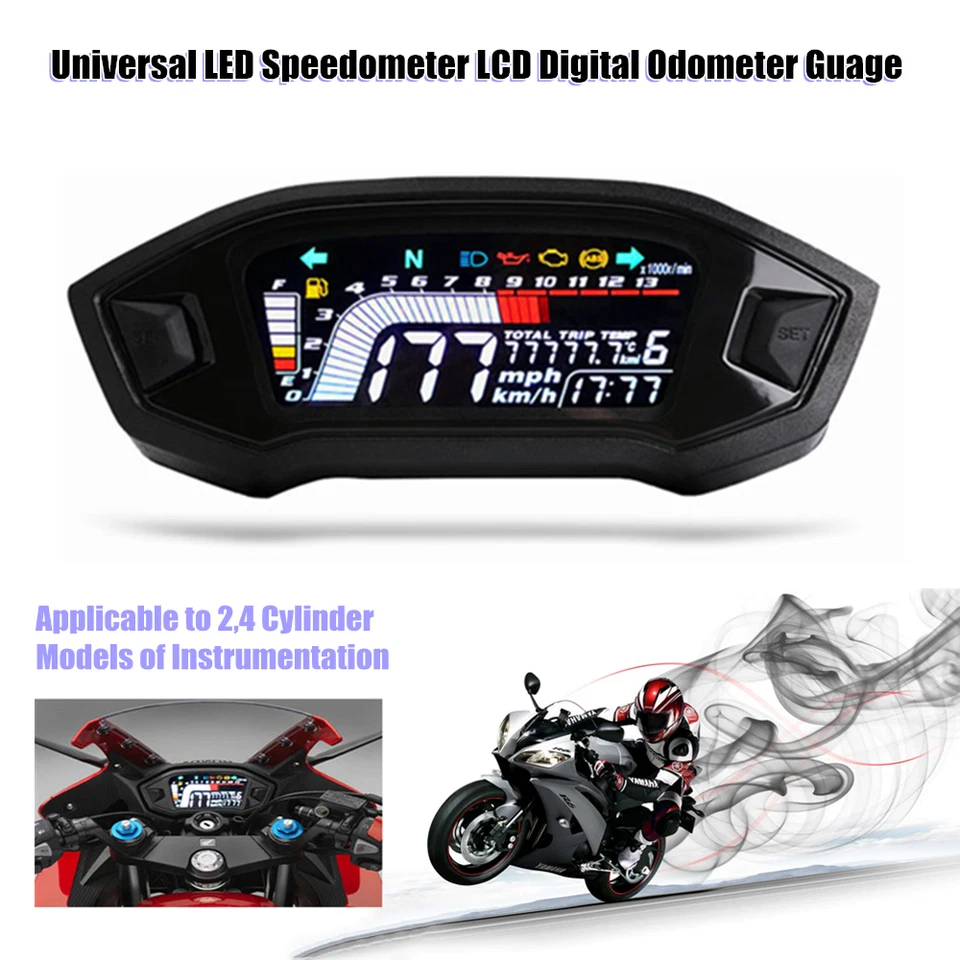 Moto LCD Digital Odómetro LED Velocímetro Universal para Modelo de 2,4 Cilindros Foto 2 de 4