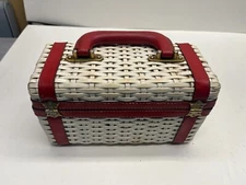 Retro Vintage Red and White Plastic Wicker Woven Sewing Tolitries Box Bag Basket