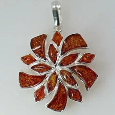 Natural Brown / Cognac BALTIC AMBER Swirl Pendant 925 STERLING SILVER #1001