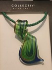 Art Glass Womens Pendant Blue & Green Glass Swirled Ribbon Shape