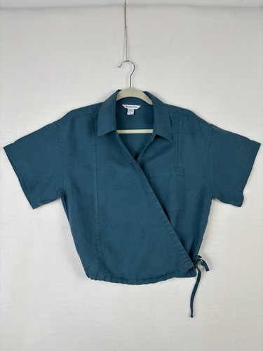 Athleta Women’s Sz L Playa Tie Wrap Top Cropped Green 100% Linen Short Sleeve
