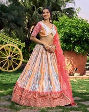 Stylish Look Chinnon Silk Pink Lehenga Choli With Net Dupatta For Ethnic Wear