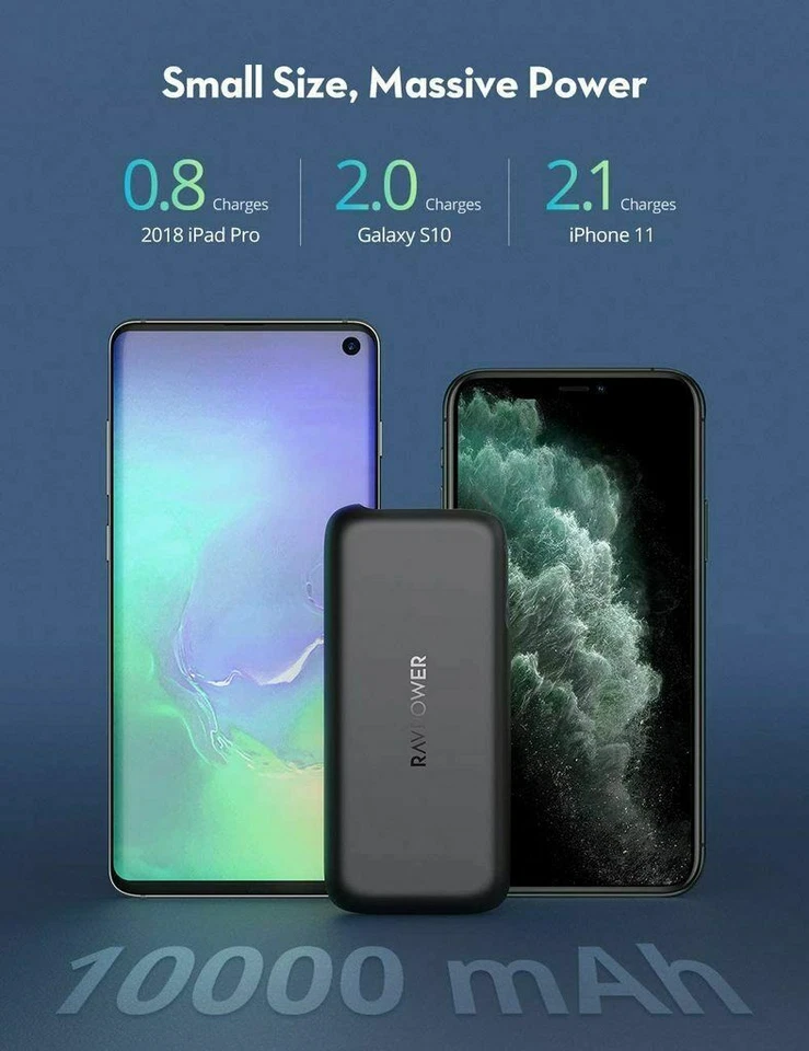 Banco de alimentación RavPower 10000 mAh PD 20 W USB C cargador portátil para iPhone12 carga de control de calidad Foto 2 de 4