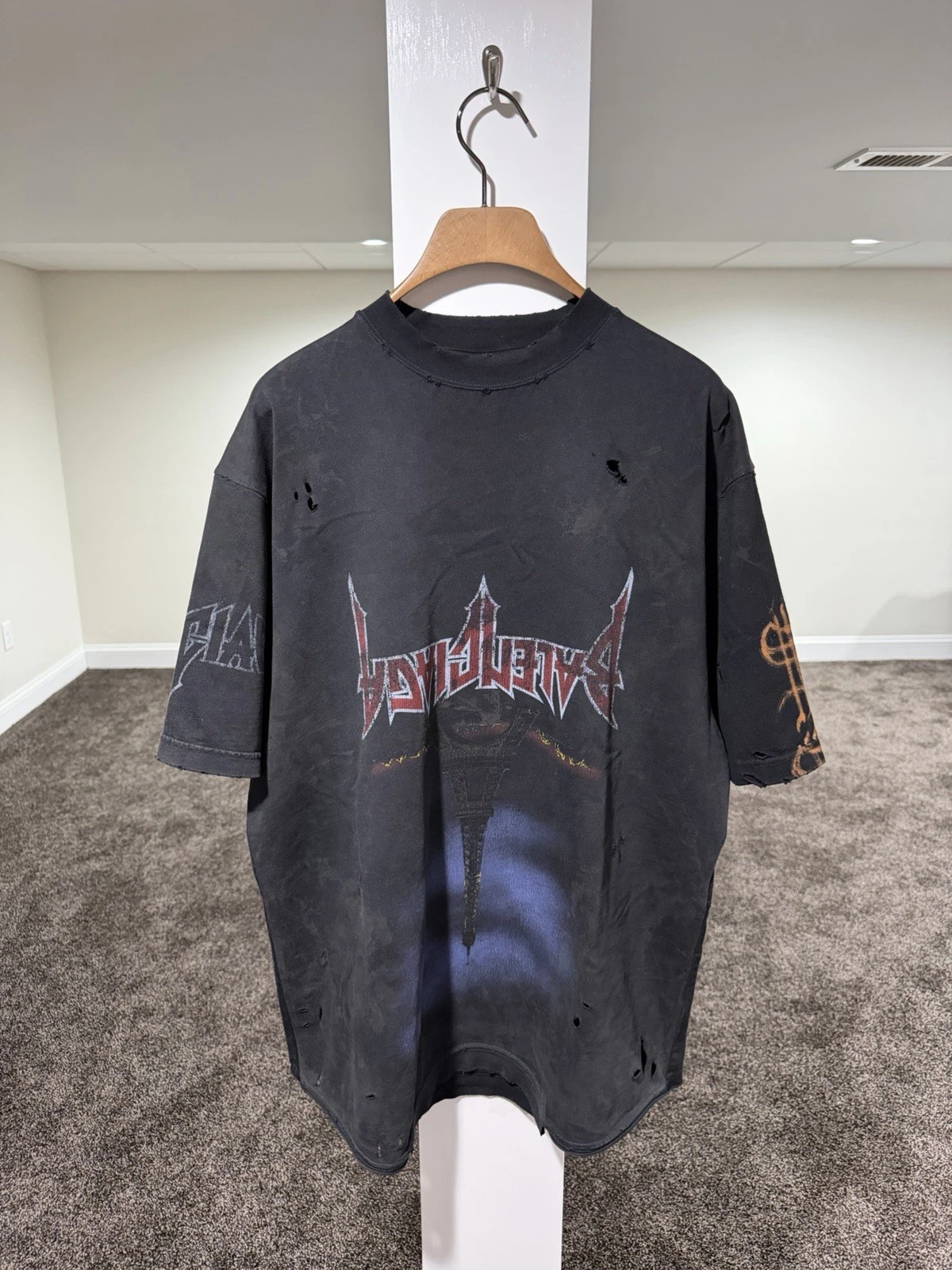 Balenciaga — Balenciaga Upside Down Paris Moon Distressed Black T-Shirt