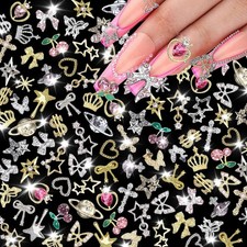 120 Pcs Gold Silver 3D Nail Art Charms 21 Styles Rhinestone Butterfly Bow Crown