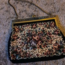 La Regale LTD Vintage Purse Clutch Floral Needlepoint Brass Kiss Lock Chain Bag
