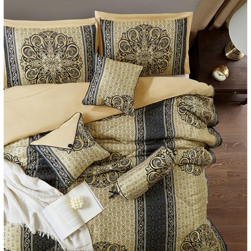 Nanshing Prince 7 Piece Elegant Medallion Comforter Set Navy Gold Queen - Picture 3 of 5