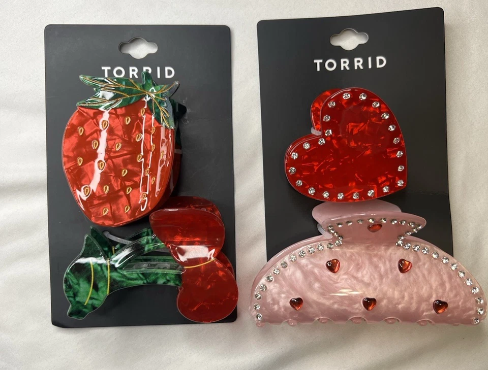 Torrid Lot of 2 Pack Hair Clips Pink and Red Heart Clips Fruit Clips New - Image 1 of 4